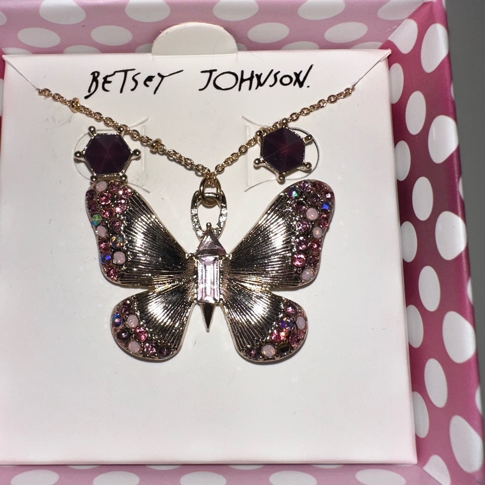 Betsey Johnson Butterfly Necklace & Earring Set – Pink Gemstones 🦋💗